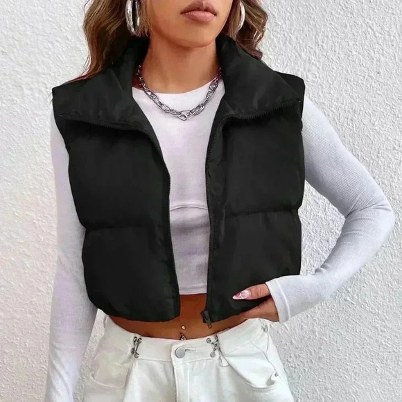 Black Casual Women's Zipper Front Vest Padded Coat - Picture 3 of 5